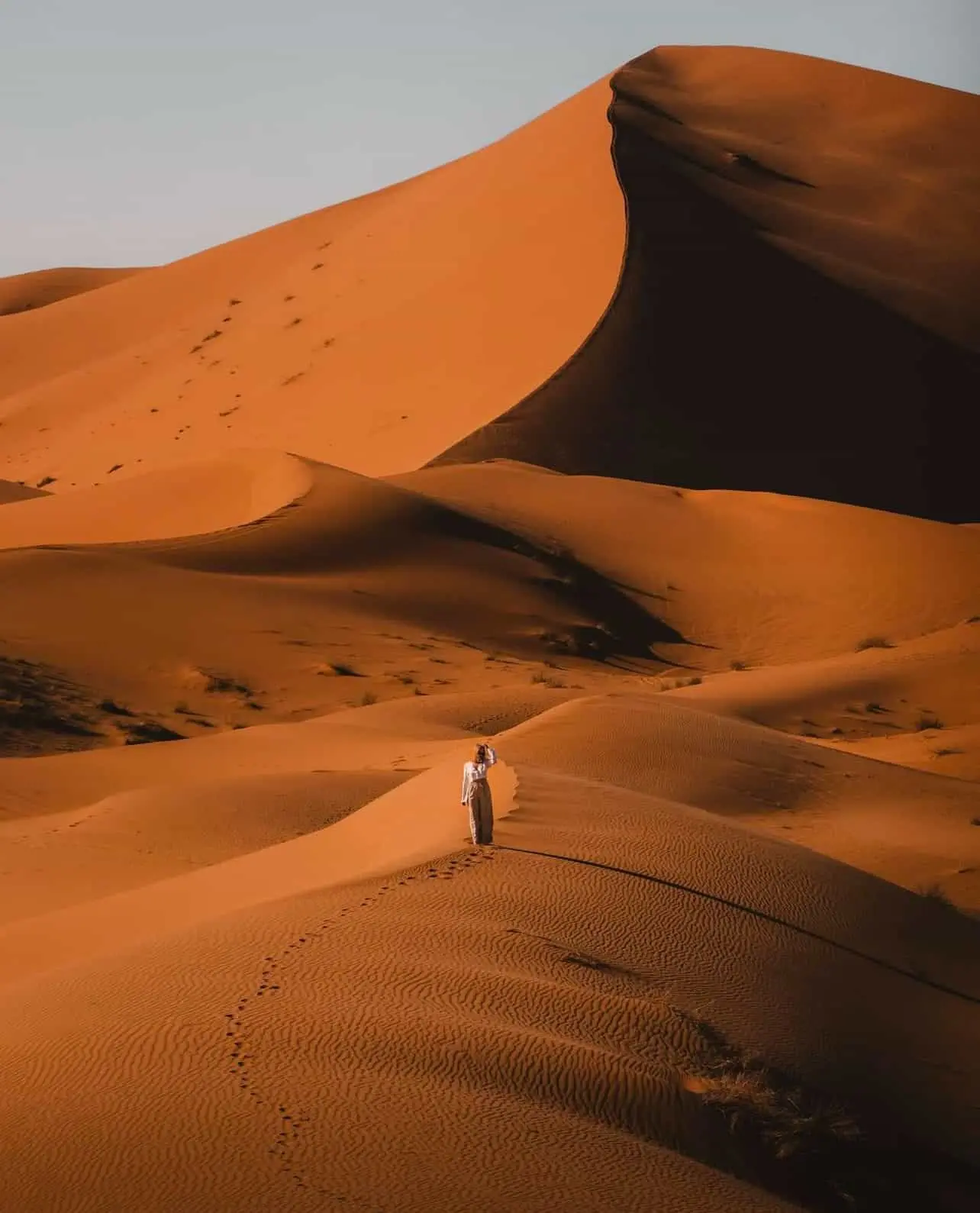 Viajera caminando entre las dunas del Sahara